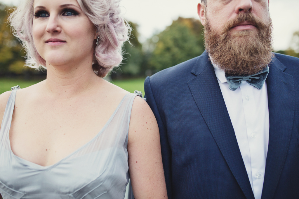 Pink haired bride, silver wedding dress