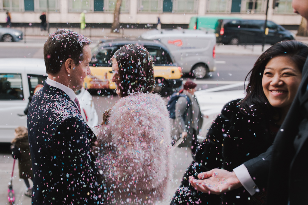 Confetti at a modern london elopement at Marylebone Town Hall