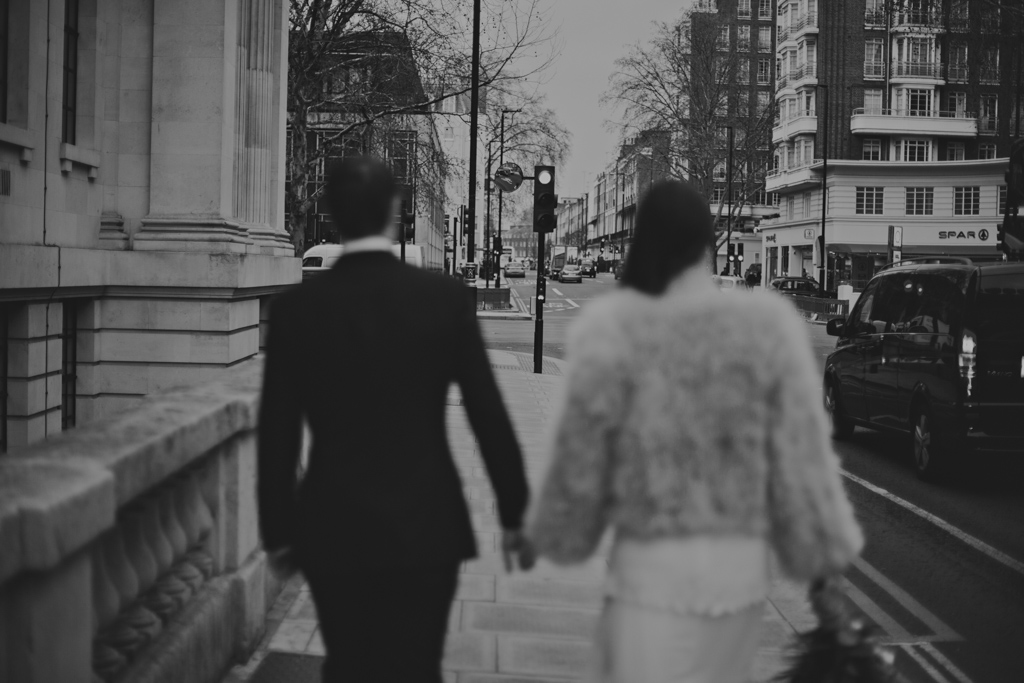 Bride and Groom walking to Marylebone Town Hall Elopement