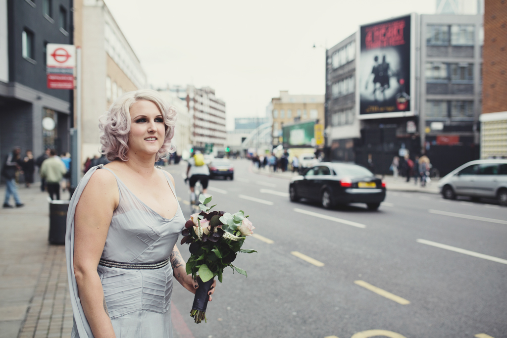 Pink haired bride silver dress