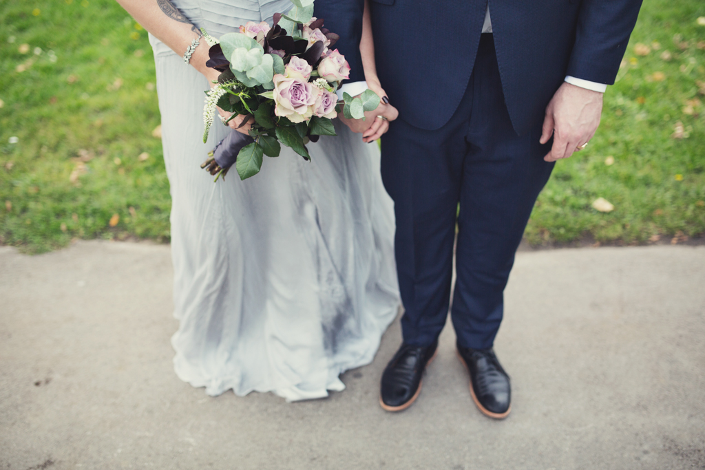 Silver wedding dress, pink bouquet