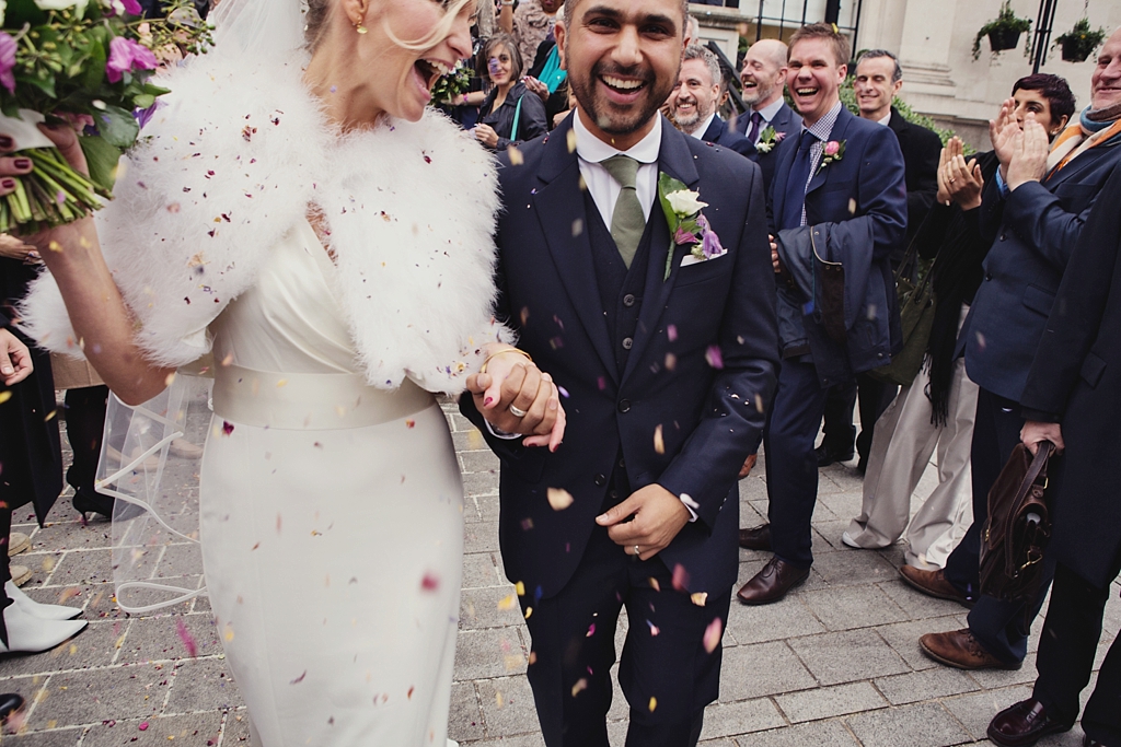 Fun confetti wedding portrait London