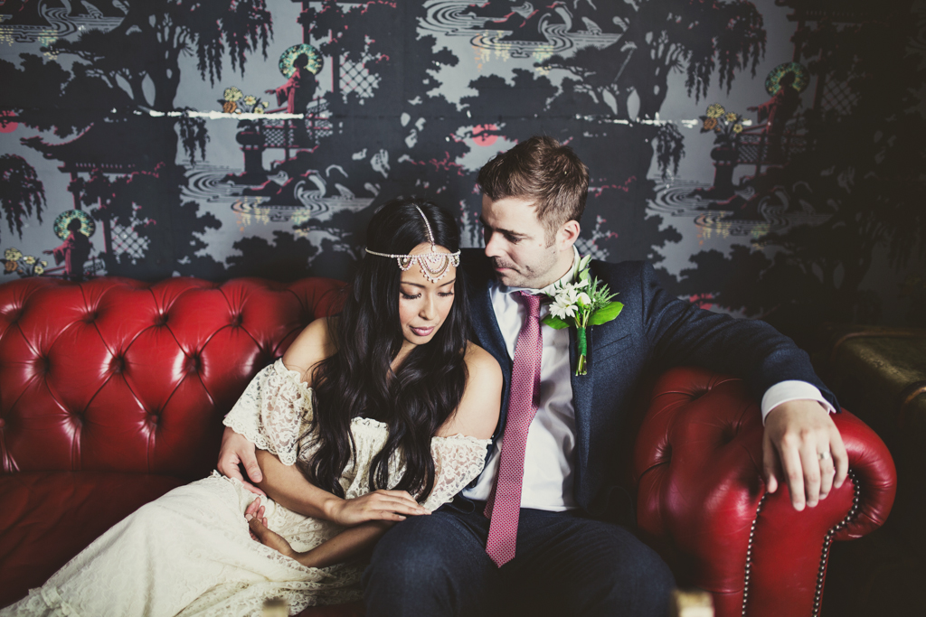 creative bride and groom portrait at an east london wedding