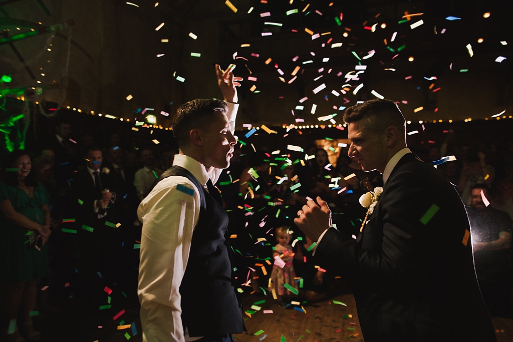 Grooms first dance with confetti canons at a Battersea Arts Centre Wedding by Lisa Jane Photography