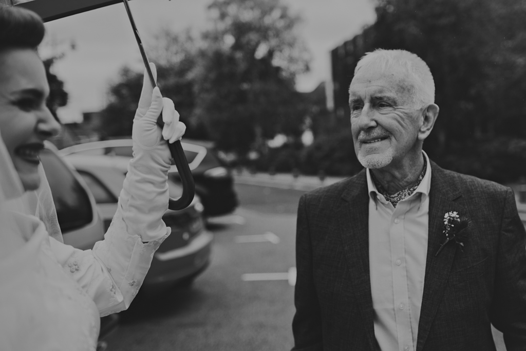 brides dad seeing bride outside her wedding ceremony | Lisa Jane Photography | Modern Documentary London Wedding Photography