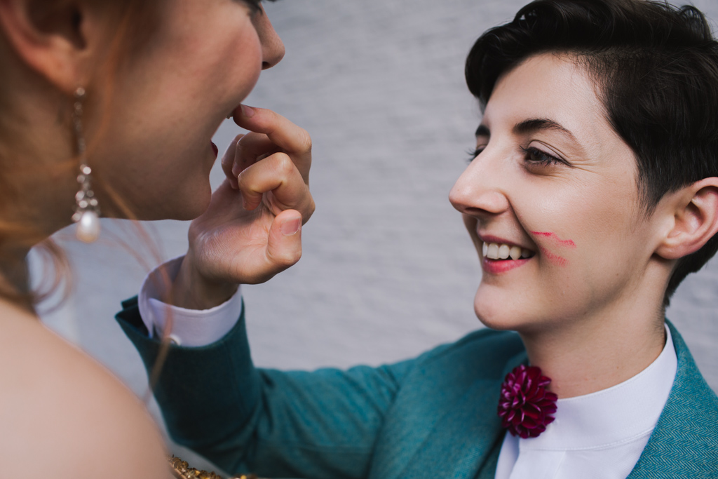 Bride with lipstick kiss on her cheek | Lisa Jane Photography | Alternative London Wedding Photography