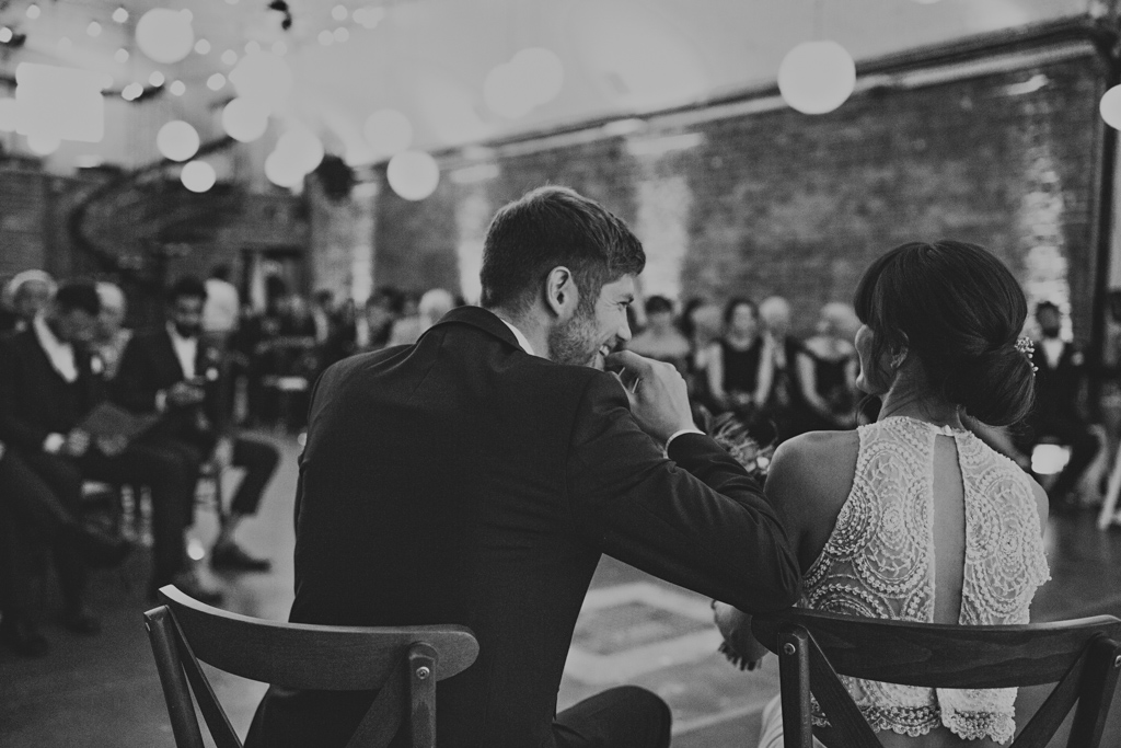 bride and groom laughing at Shoreditch Studios Wedding | Lisa Jane Photography | Modern London Wedding Photography