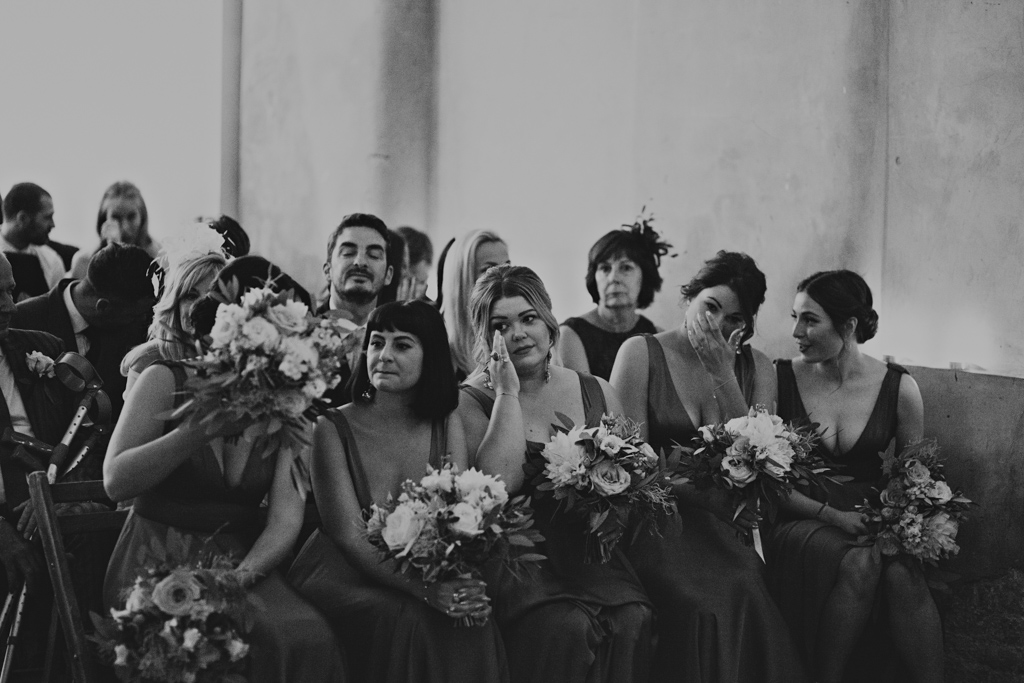 bridesmaids crying during a Loft Studio London Wedding | Lisa Jane Photography | Modern London Wedding Photography