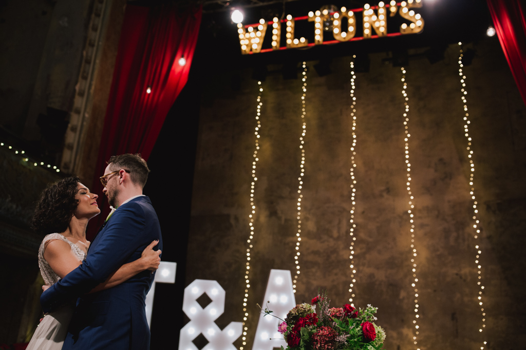 First kiss at Wiltons Music hall | Lisa Jane Photography | Modern London Wedding Photography