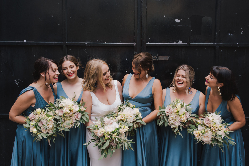 Bride with her bridesmaids at her Loft Studio wedding | Lisa Jane Photography | Modern London Wedding Photography