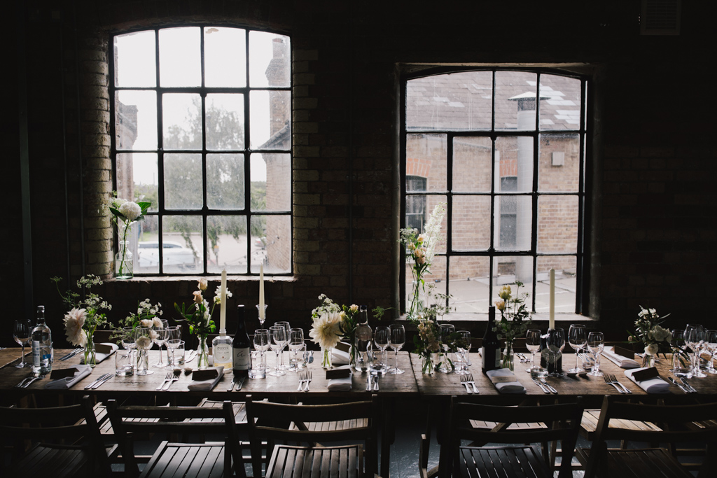 Loft Studio wedding reception room set up | Creative Modern London Wedding Photography