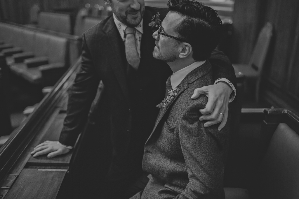 Two grooms hugging | Modern London Wedding Photography | Lisa Jane Photography