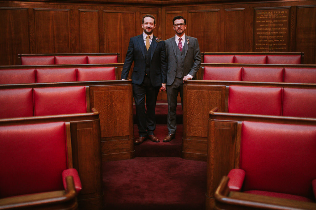 Two grooms in council chamber at Wandsworth Town Hall 