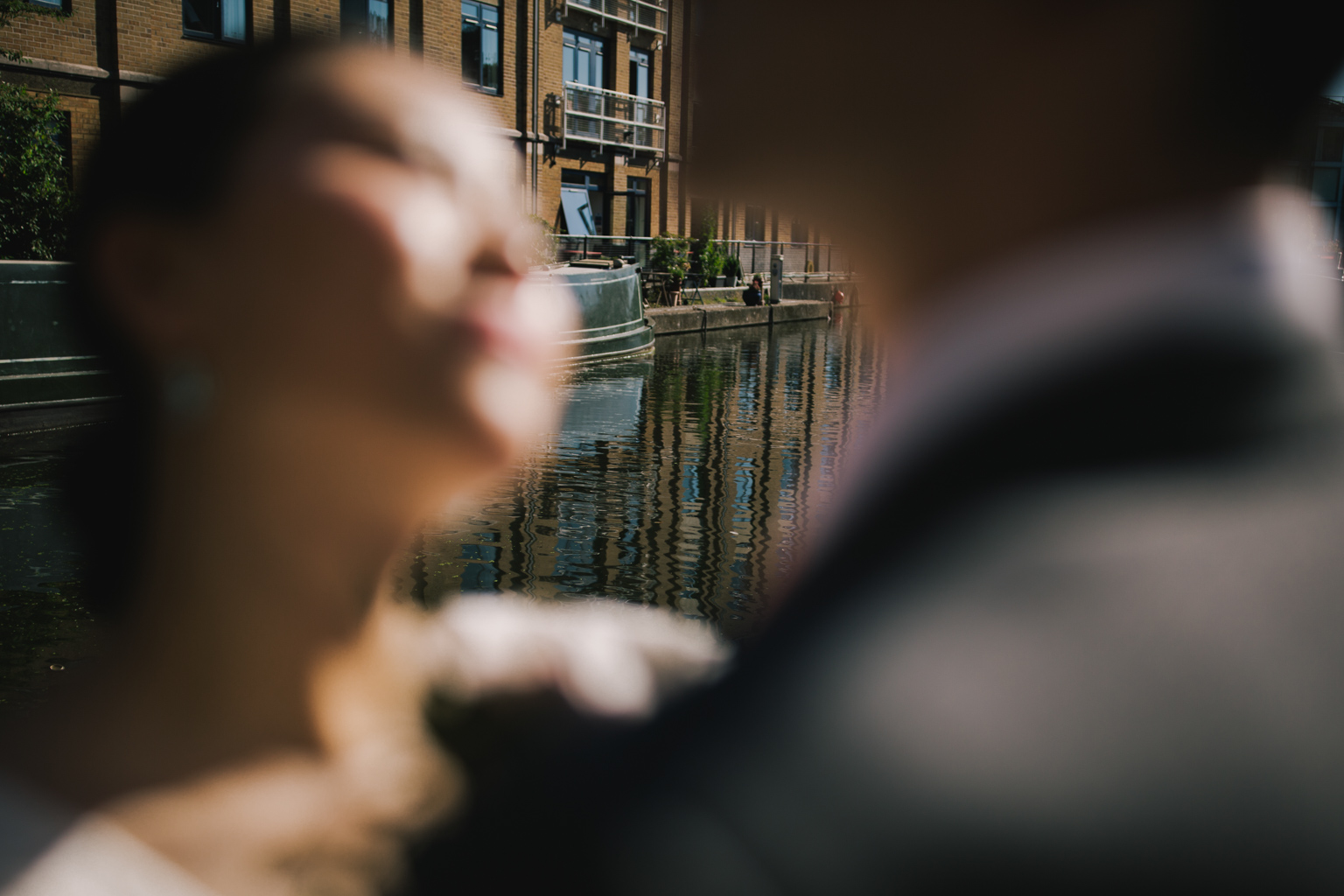 Bride and groom portrait by the canals at an Islington Town Hall Elopement